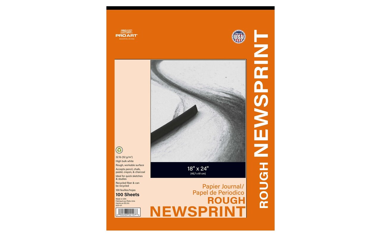 PRO ART Newsprint Paper Drawing Pad & Sketch Pad, 18x24, 100 Sheet Tape Bound Newsprint Pad, Natural Color Newspaper Sketchbook, High Bulk Smooth Finish